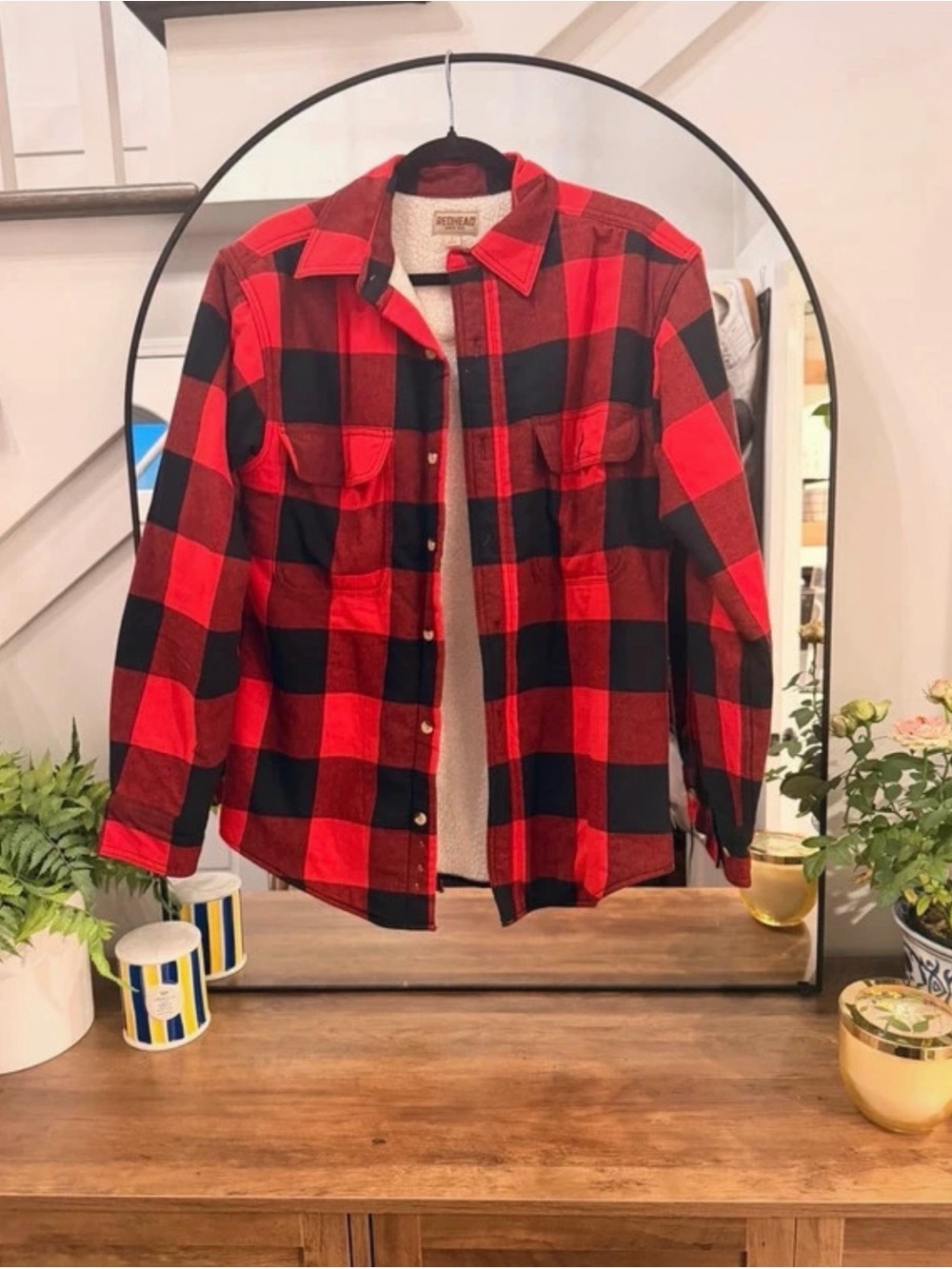 RedHead Red and Black Buffalo Plaid Sherpa-Lined Button Shirt men’s small